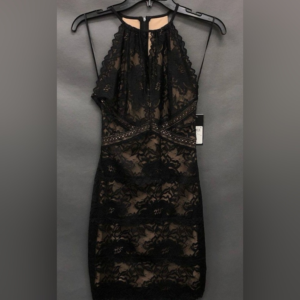 NWT Guess Nude & Black Lace Overlay Halter Women's Mini Dress - Size XS
